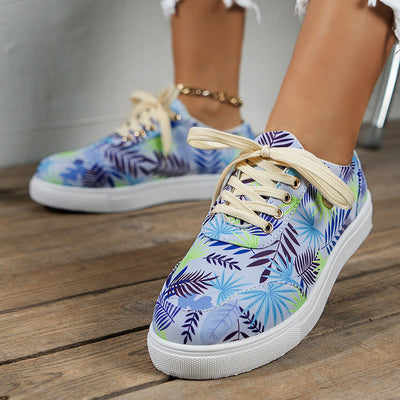 Canvas Lace-Up Flats Leaves Print Casual Sneakers Round Toe Shoes