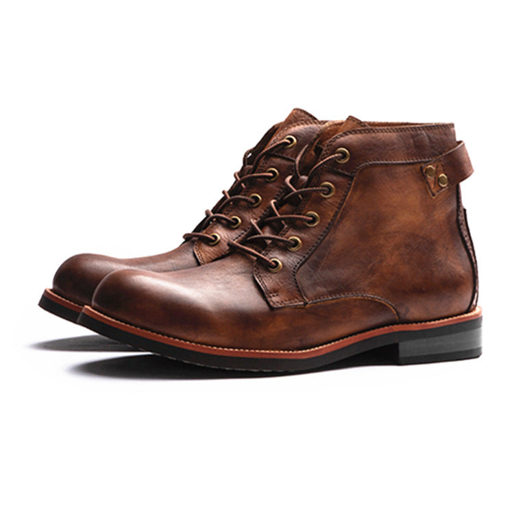 Retro Men Lace-up Leather Ankle Low Heel Motorcycle Boots