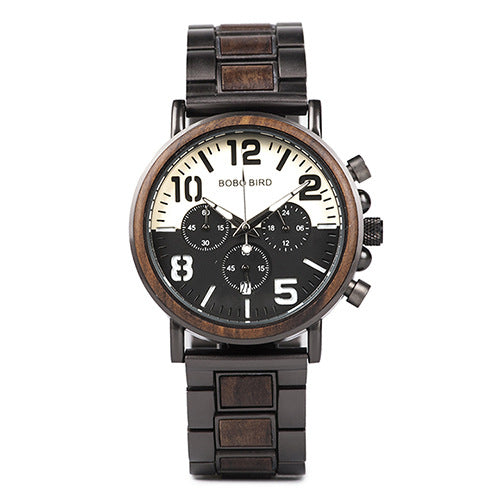 Wooden quartz watch three eye multi function men's Watch