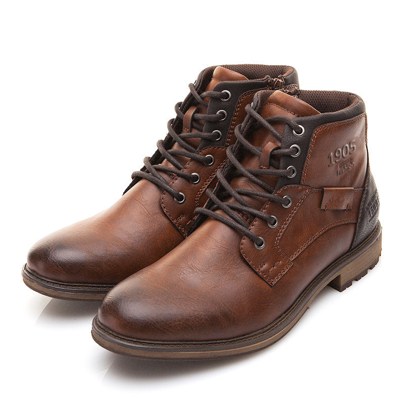 Soldier Boots Men's Leather Shoes Martin Retro High-Top Shoes With Laces