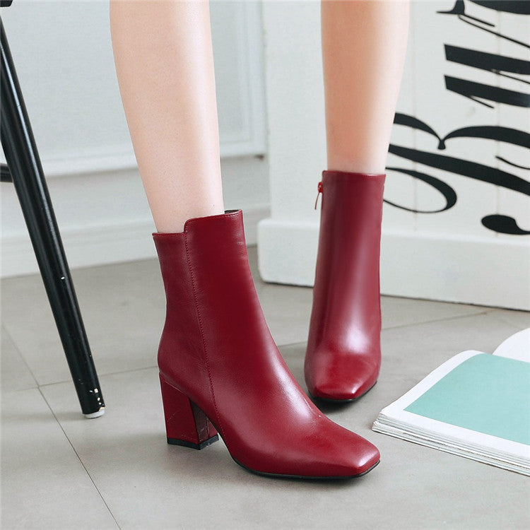 Thick heel leather zipper women boots