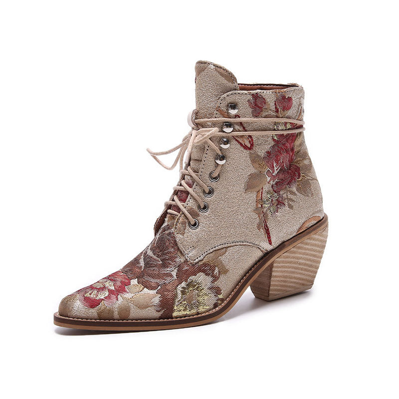 Ethnic Style Embroidered Wood-woven Thick-heeled Short Boots With Front Tie