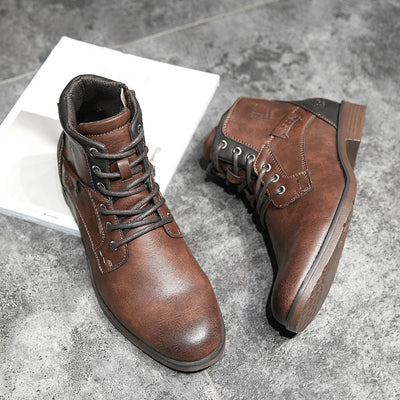 Soldier Boots Men's Leather Shoes Martin Retro High-Top Shoes With Laces