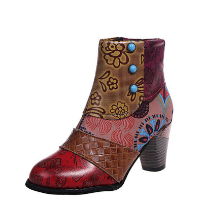 Print Ankle Boots Chunky Mid Heel Boots Women Side Zipper Shoes