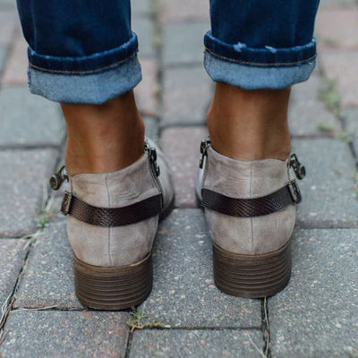 Retro Ankle Boots With Side Zipper Belt Buckle