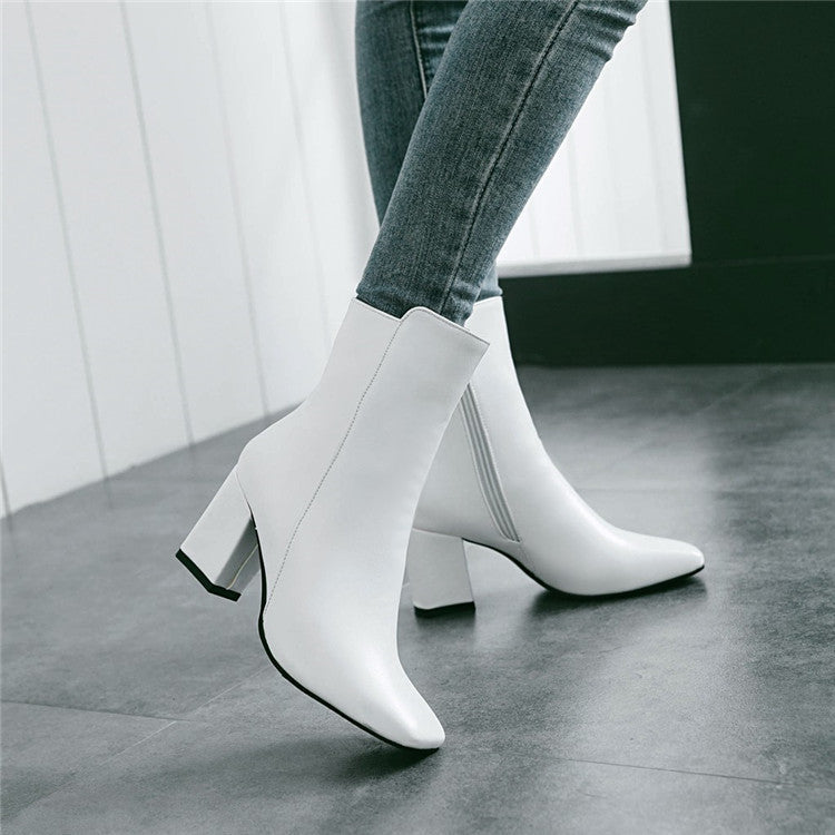 Thick heel leather zipper women boots