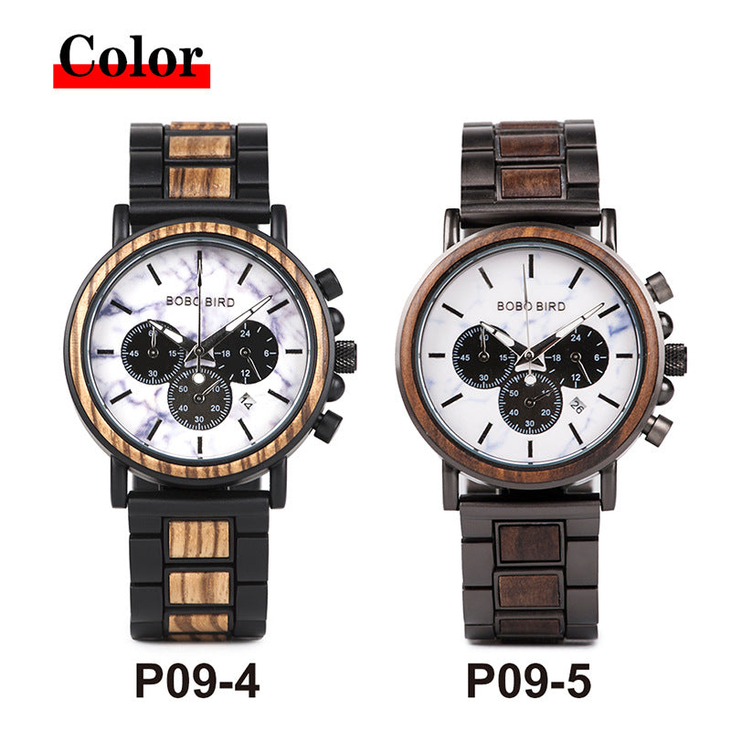 Wooden quartz watch three eye multi function men's Watch