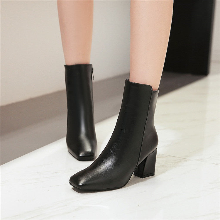 Thick heel leather zipper women boots