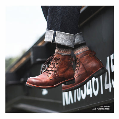 Retro Men Lace-up Leather Ankle Low Heel Motorcycle Boots