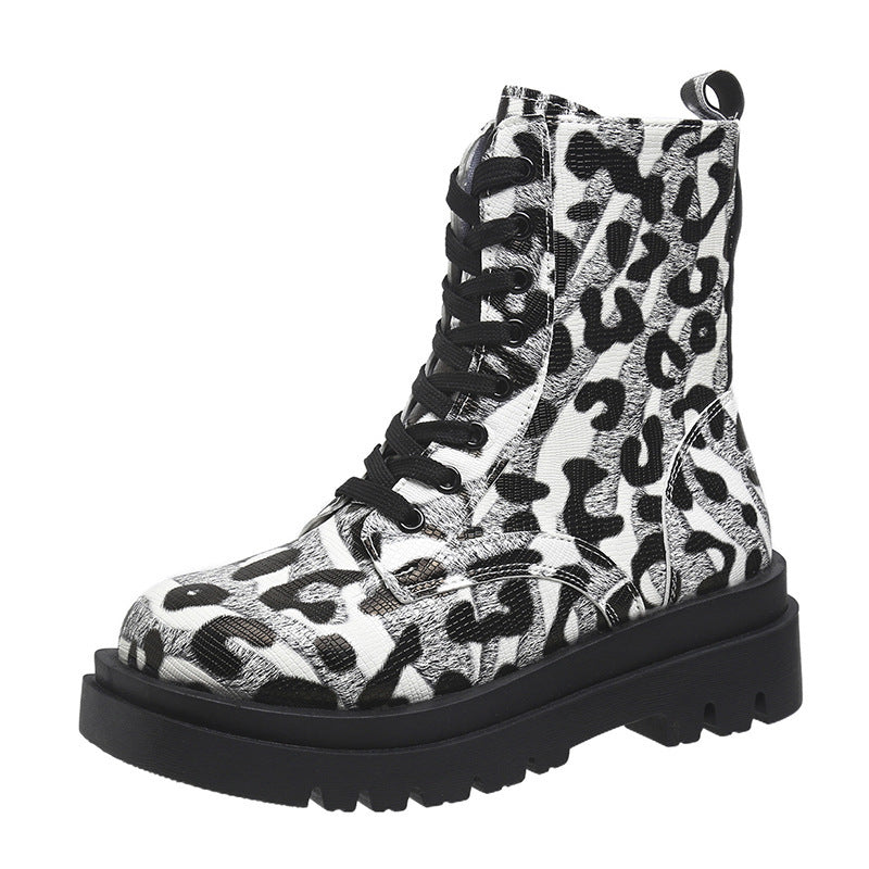 Women Martin Boots Black White Leopard Print Low Heel Shoes Cowgirl Boots