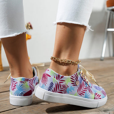 Canvas Lace-Up Flats Leaves Print Casual Sneakers Round Toe Shoes