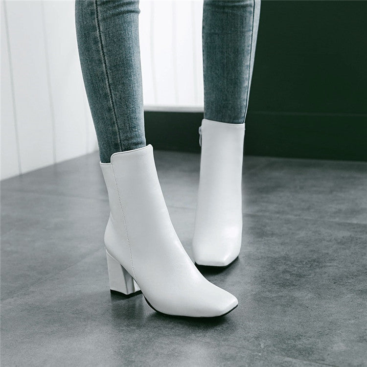 Thick heel leather zipper women boots