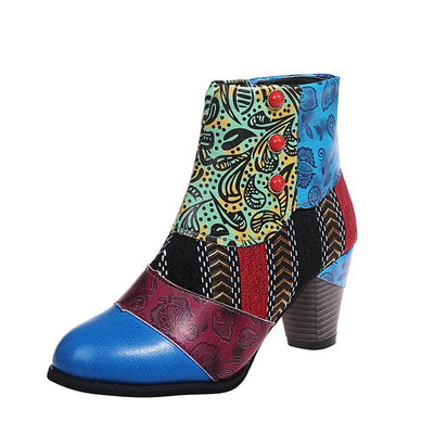 Print Ankle Boots Chunky Mid Heel Boots Women Side Zipper Shoes