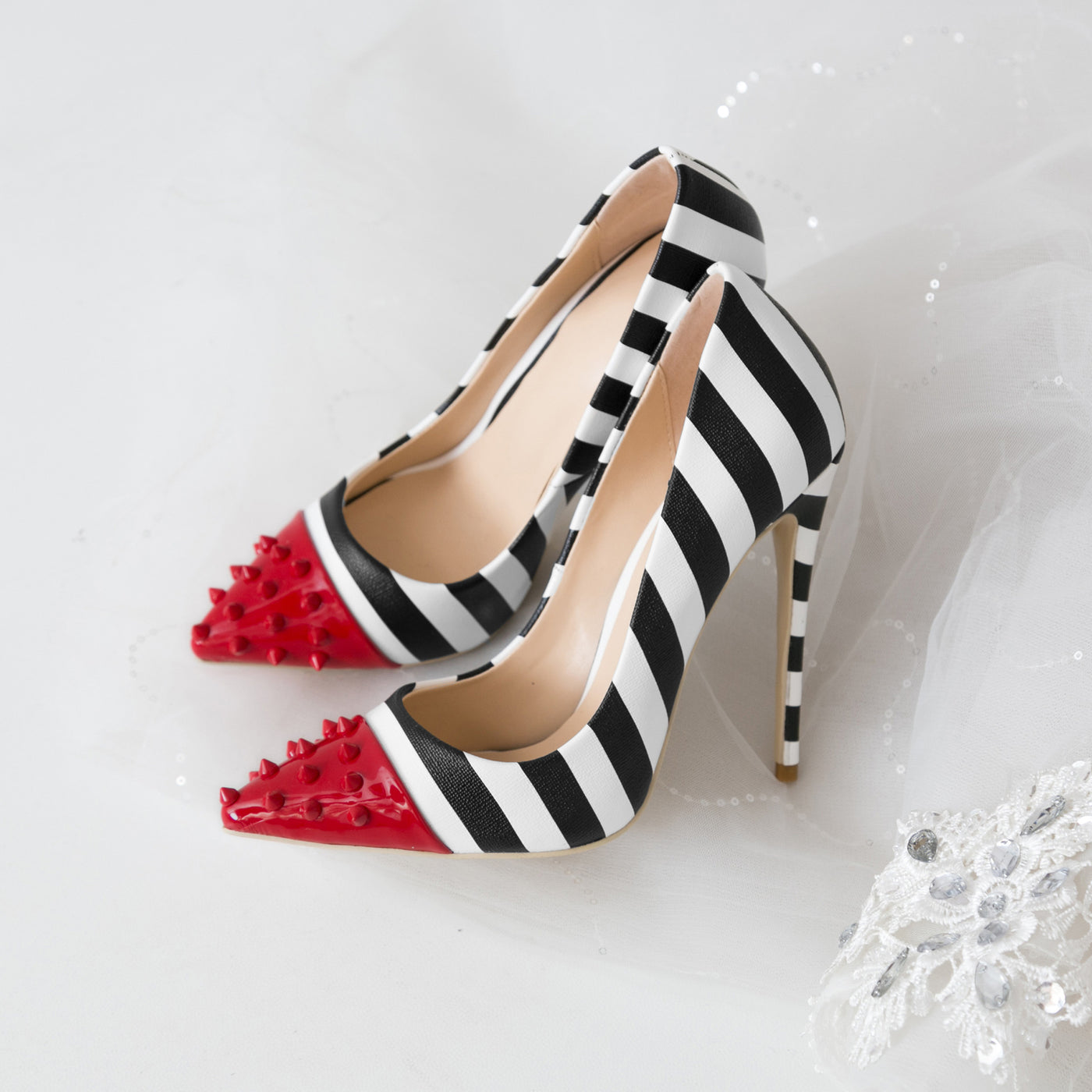 Color rivet striped fashion high heels