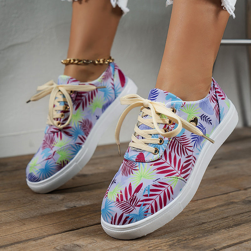 Canvas Lace-Up Flats Leaves Print Casual Sneakers Round Toe Shoes