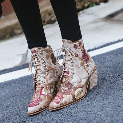 Ethnic Style Embroidered Wood-woven Thick-heeled Short Boots With Front Tie