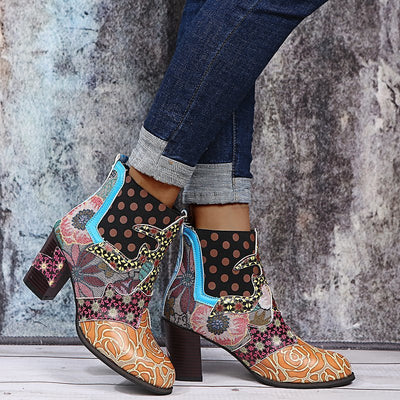 Print Ankle Boots Chunky Mid Heel Boots Women Side Zipper Shoes