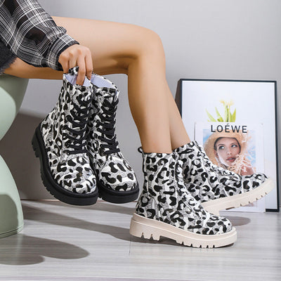 Women Martin Boots Black White Leopard Print Low Heel Shoes Cowgirl Boots