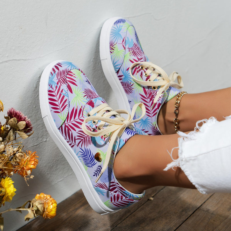 Canvas Lace-Up Flats Leaves Print Casual Sneakers Round Toe Shoes