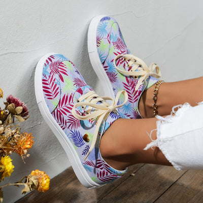 Canvas Lace-Up Flats Leaves Print Casual Sneakers Round Toe Shoes