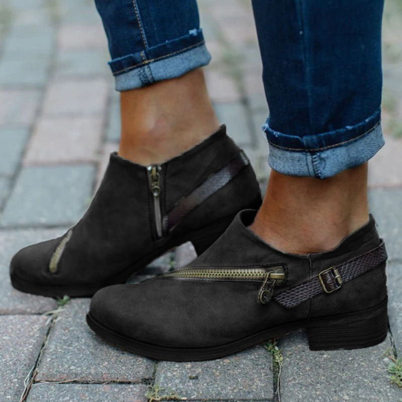 Retro Ankle Boots With Side Zipper Belt Buckle