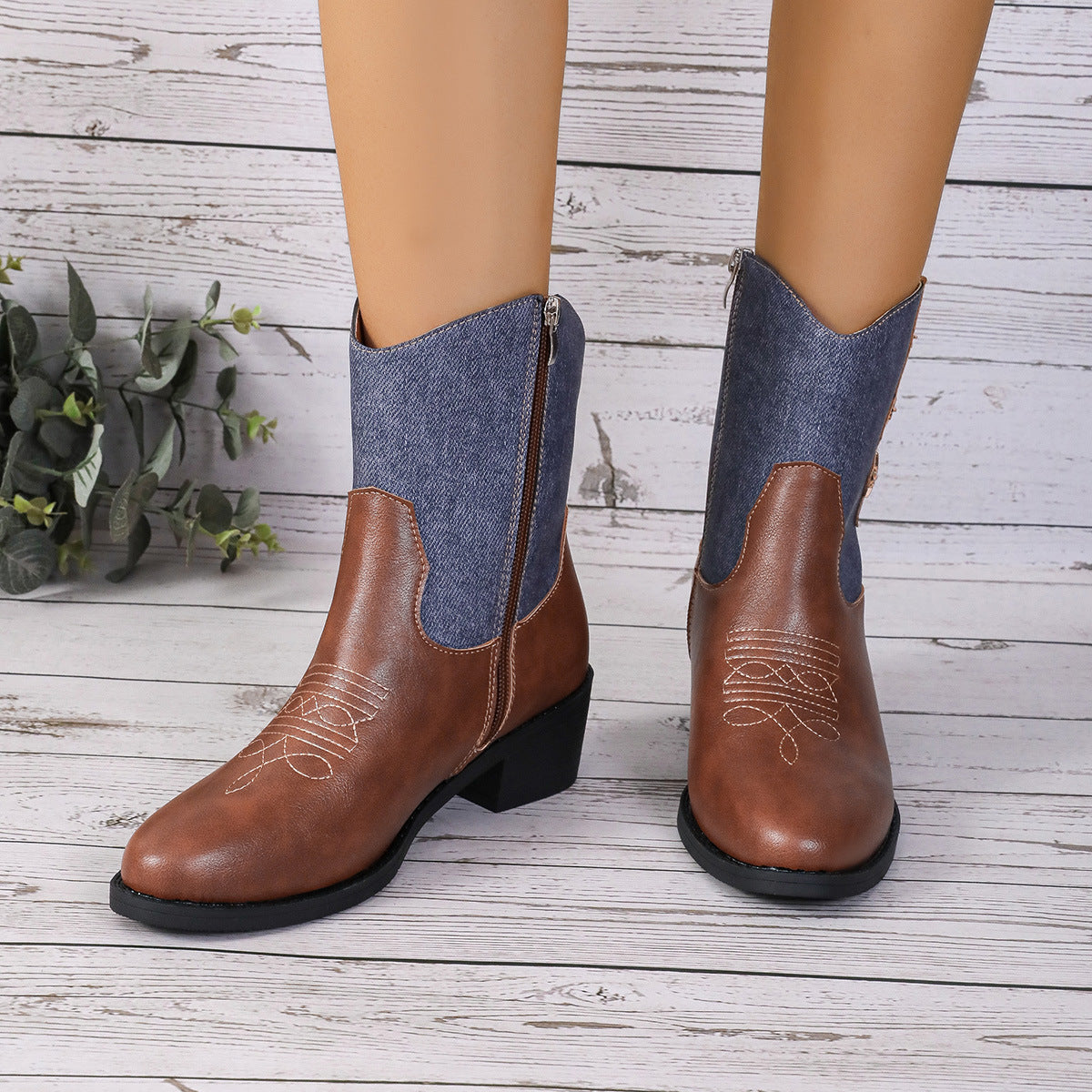 New Denim Patchwork Western Cowboy Boots