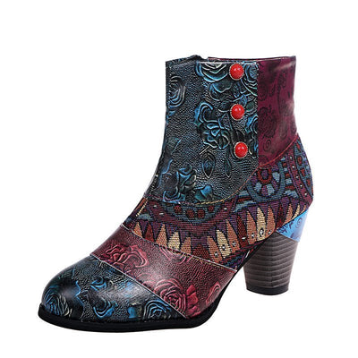 Print Ankle Boots Chunky Mid Heel Boots Women Side Zipper Shoes