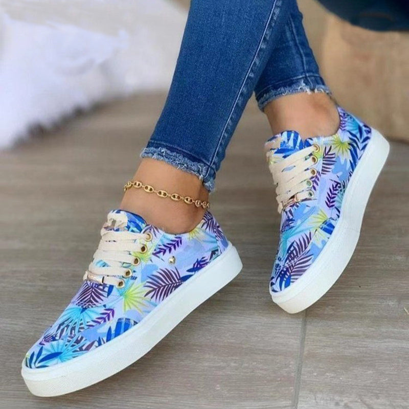 Canvas Lace-Up Flats Leaves Print Casual Sneakers Round Toe Shoes