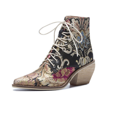 Ethnic Style Embroidered Wood-woven Thick-heeled Short Boots With Front Tie