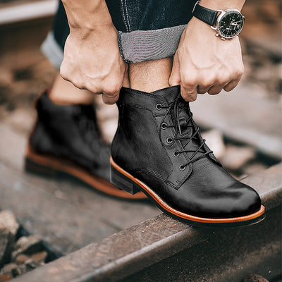 Retro Men Lace-up Leather Ankle Low Heel Motorcycle Boots