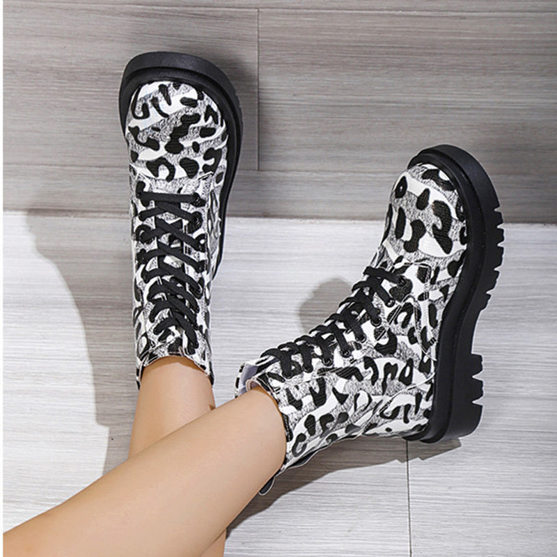 Women Martin Boots Black White Leopard Print Low Heel Shoes Cowgirl Boots