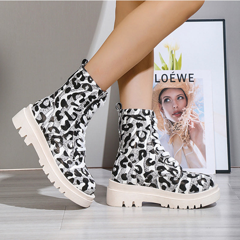 Women Martin Boots Black White Leopard Print Low Heel Shoes Cowgirl Boots