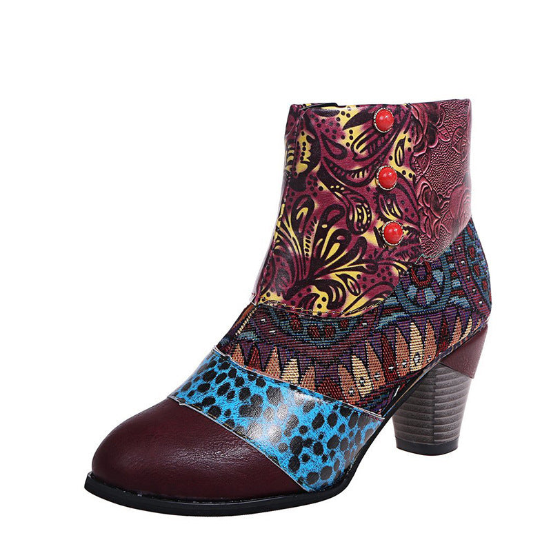 Print Ankle Boots Chunky Mid Heel Boots Women Side Zipper Shoes