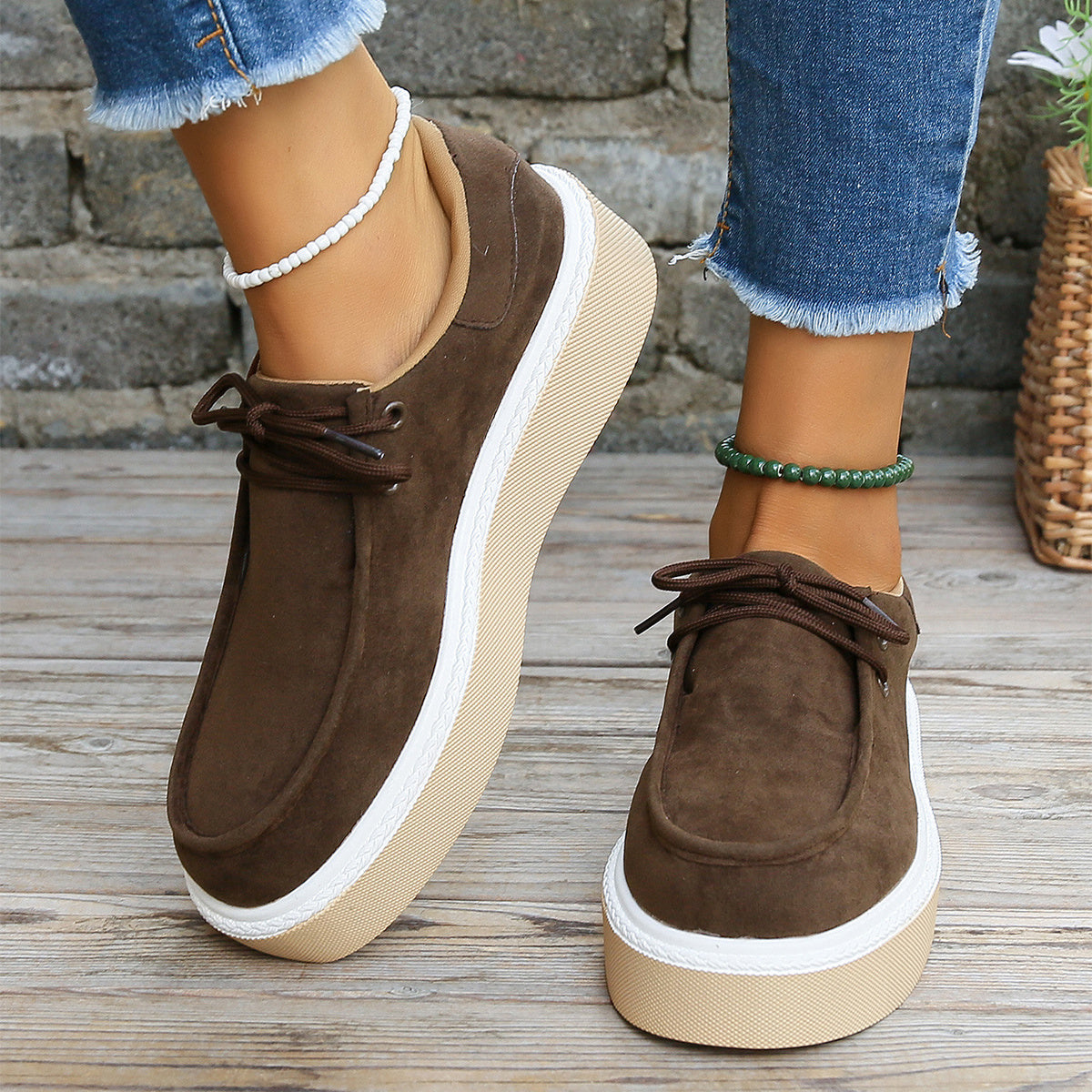 New Thick Bottom Lace-up Flats Women Solid Color Casual Fashion Lightweight Shoes