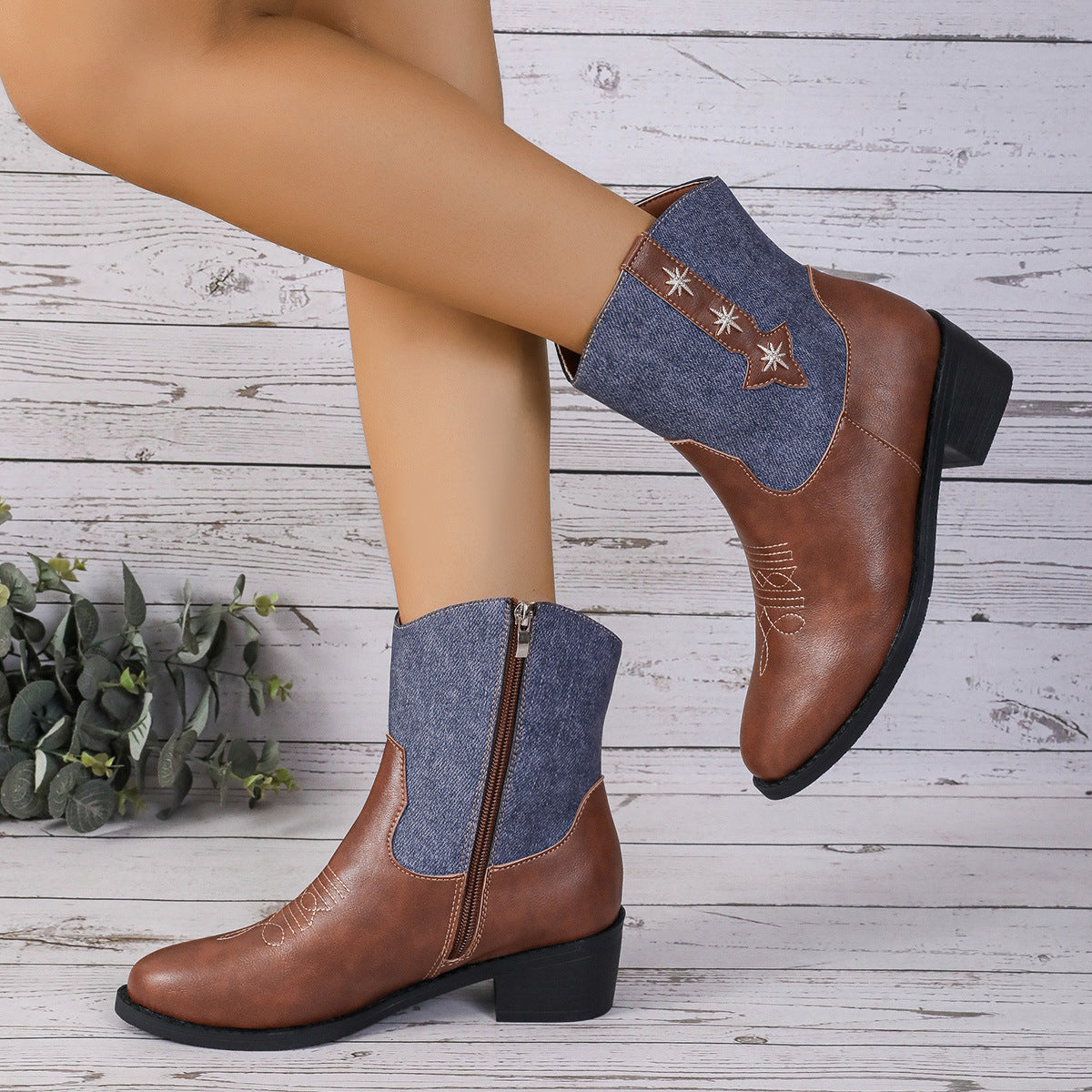 New Denim Patchwork Western Cowboy Boots