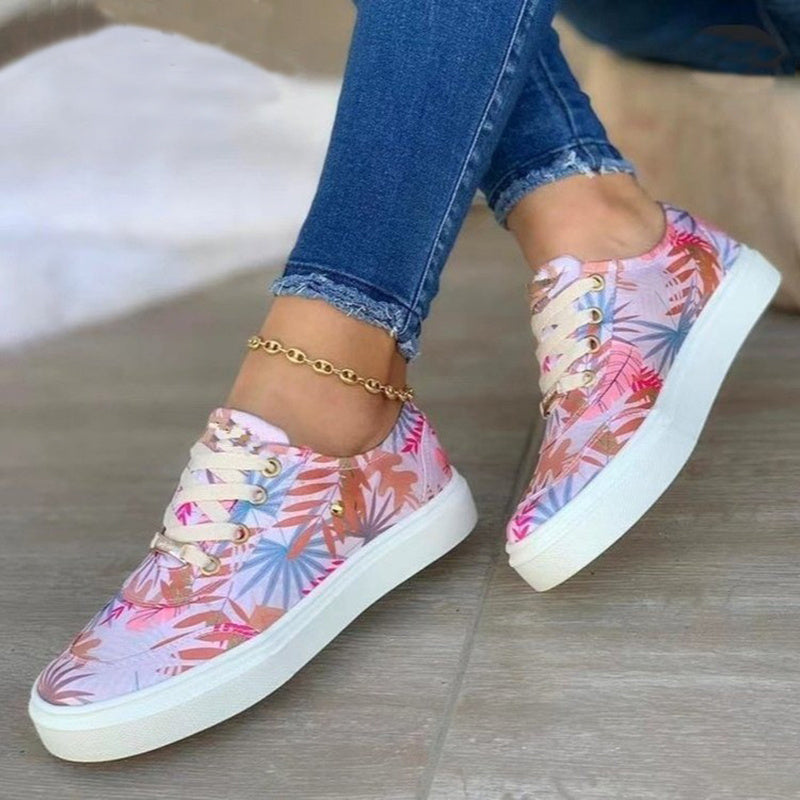 Canvas Lace-Up Flats Leaves Print Casual Sneakers Round Toe Shoes