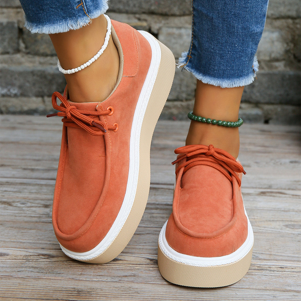 New Thick Bottom Lace-up Flats Women Solid Color Casual Fashion Lightweight Shoes