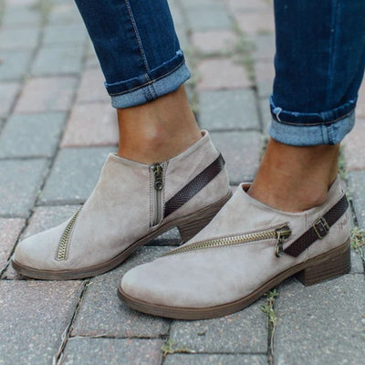 Retro Ankle Boots With Side Zipper Belt Buckle