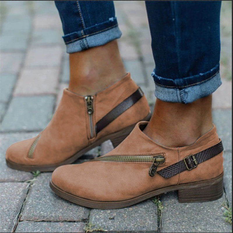 Retro Ankle Boots With Side Zipper Belt Buckle