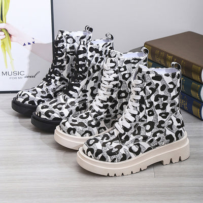 Women Martin Boots Black White Leopard Print Low Heel Shoes Cowgirl Boots