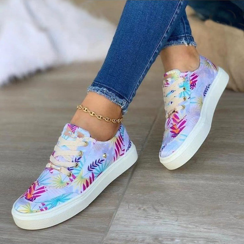 Canvas Lace-Up Flats Leaves Print Casual Sneakers Round Toe Shoes