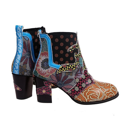 Print Ankle Boots Chunky Mid Heel Boots Women Side Zipper Shoes