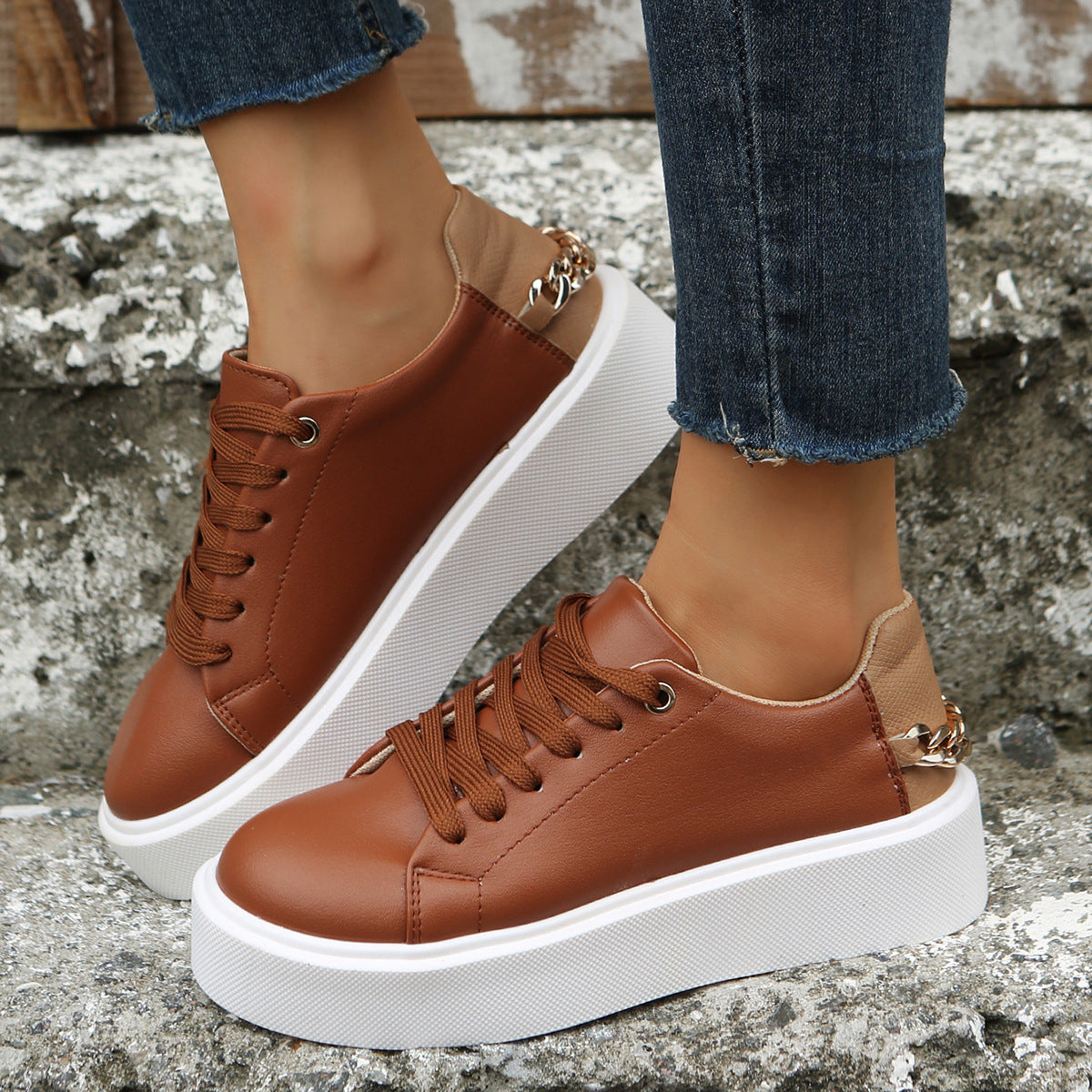 Flat With Chain Lace Up Sneakers