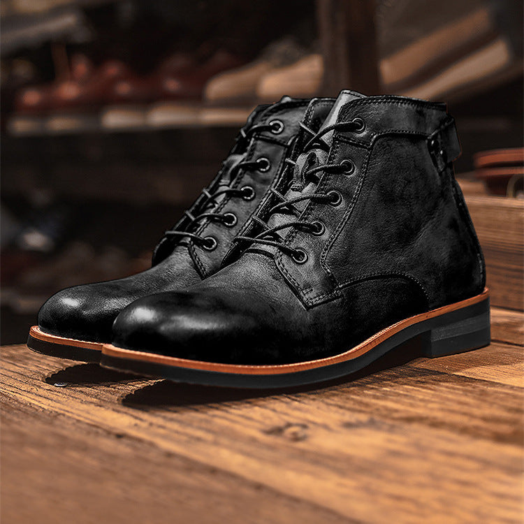 Retro Men Lace-up Leather Ankle Low Heel Motorcycle Boots