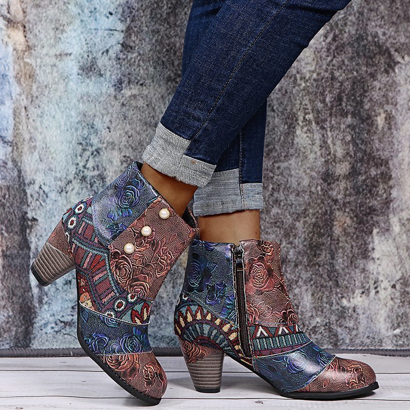 Print Ankle Boots Chunky Mid Heel Boots Women Side Zipper Shoes