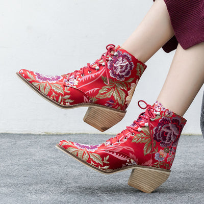 Ethnic Style Embroidered Wood-woven Thick-heeled Short Boots With Front Tie